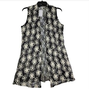 NEW Feratelli Black Lace Floral Embroidered Open Front Long Vest Cover Up Large